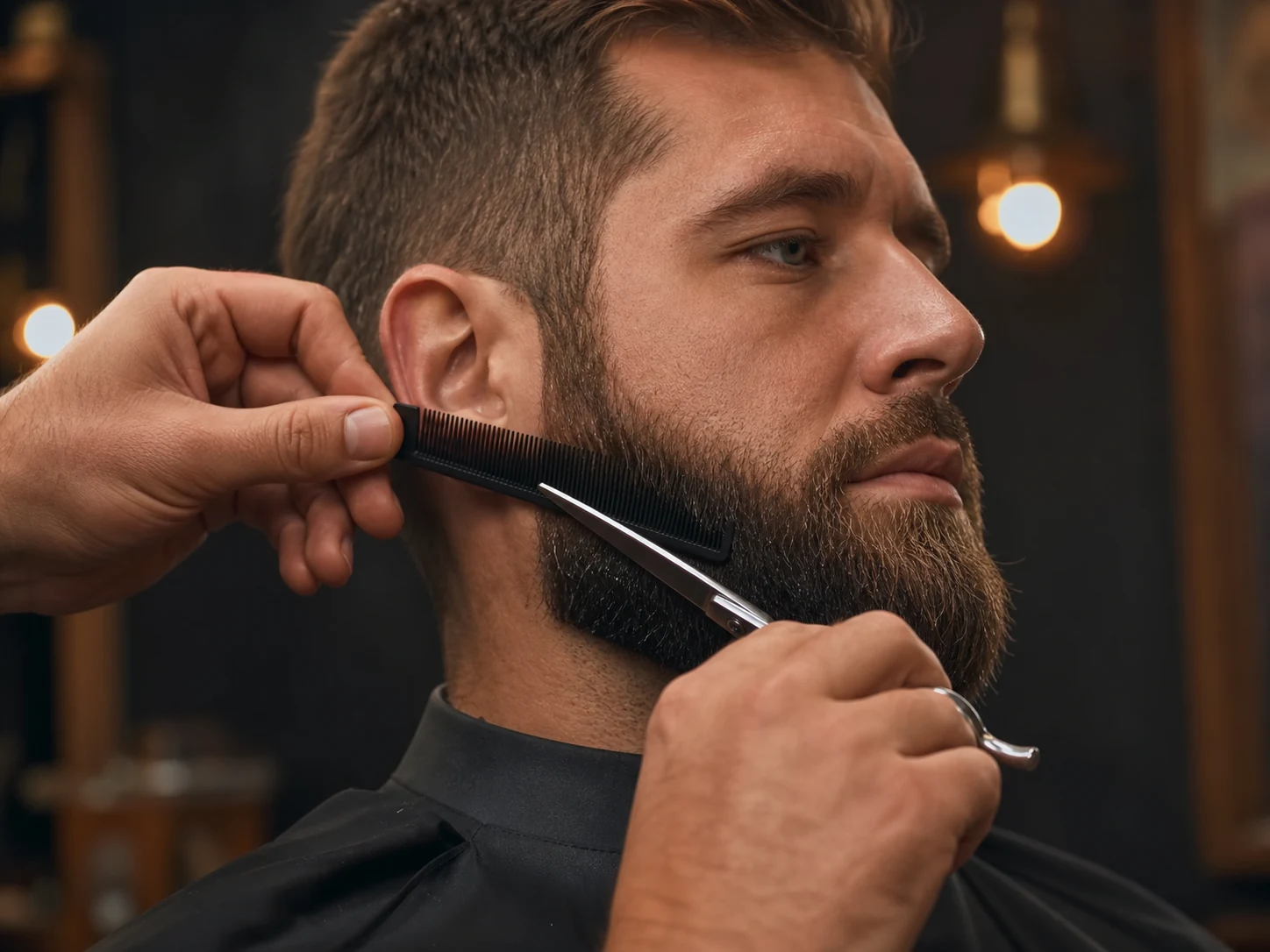 Barber shaping a beard with comb and shears