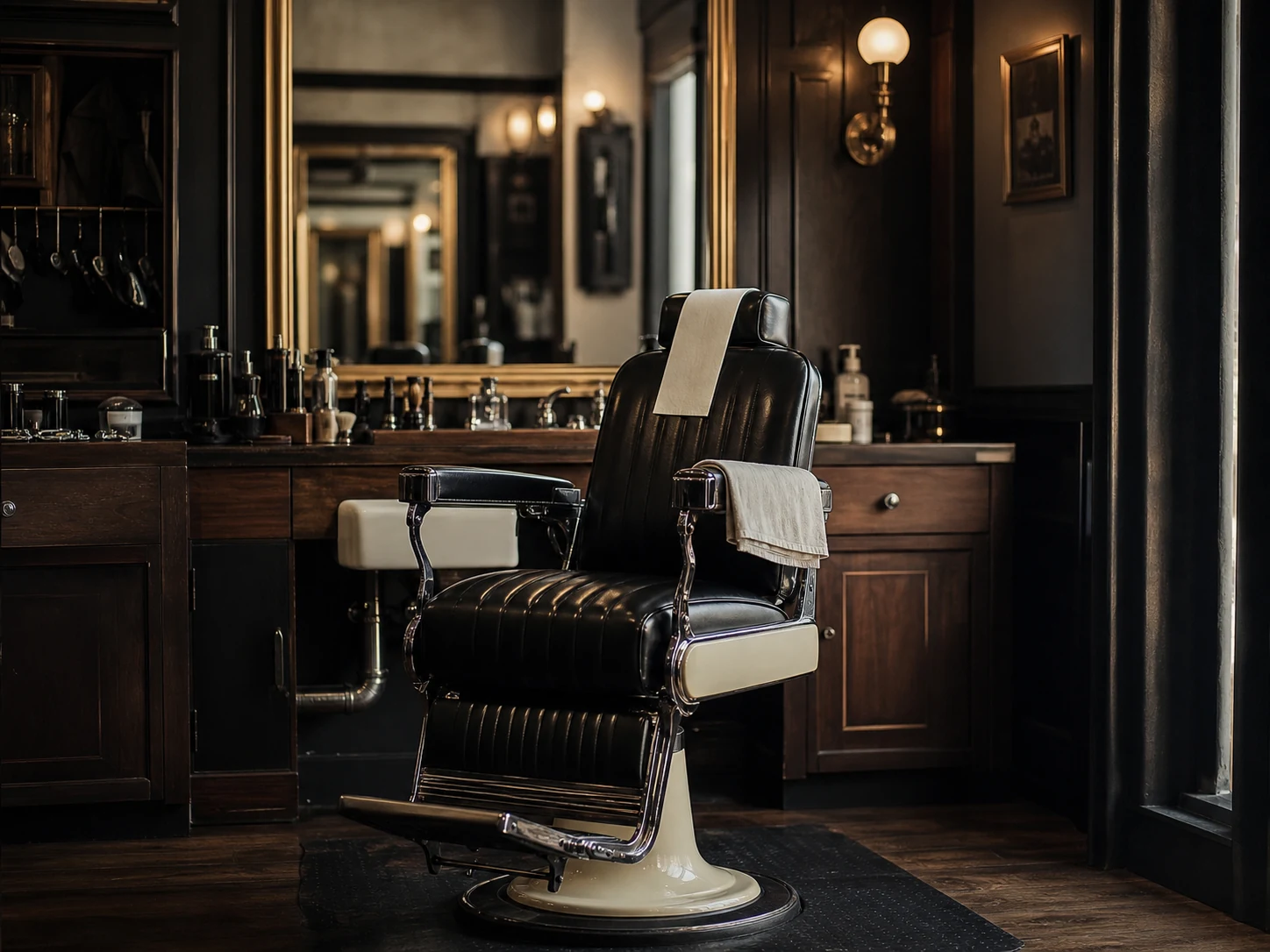 Vintage black leather barber chair prepared for the next guest