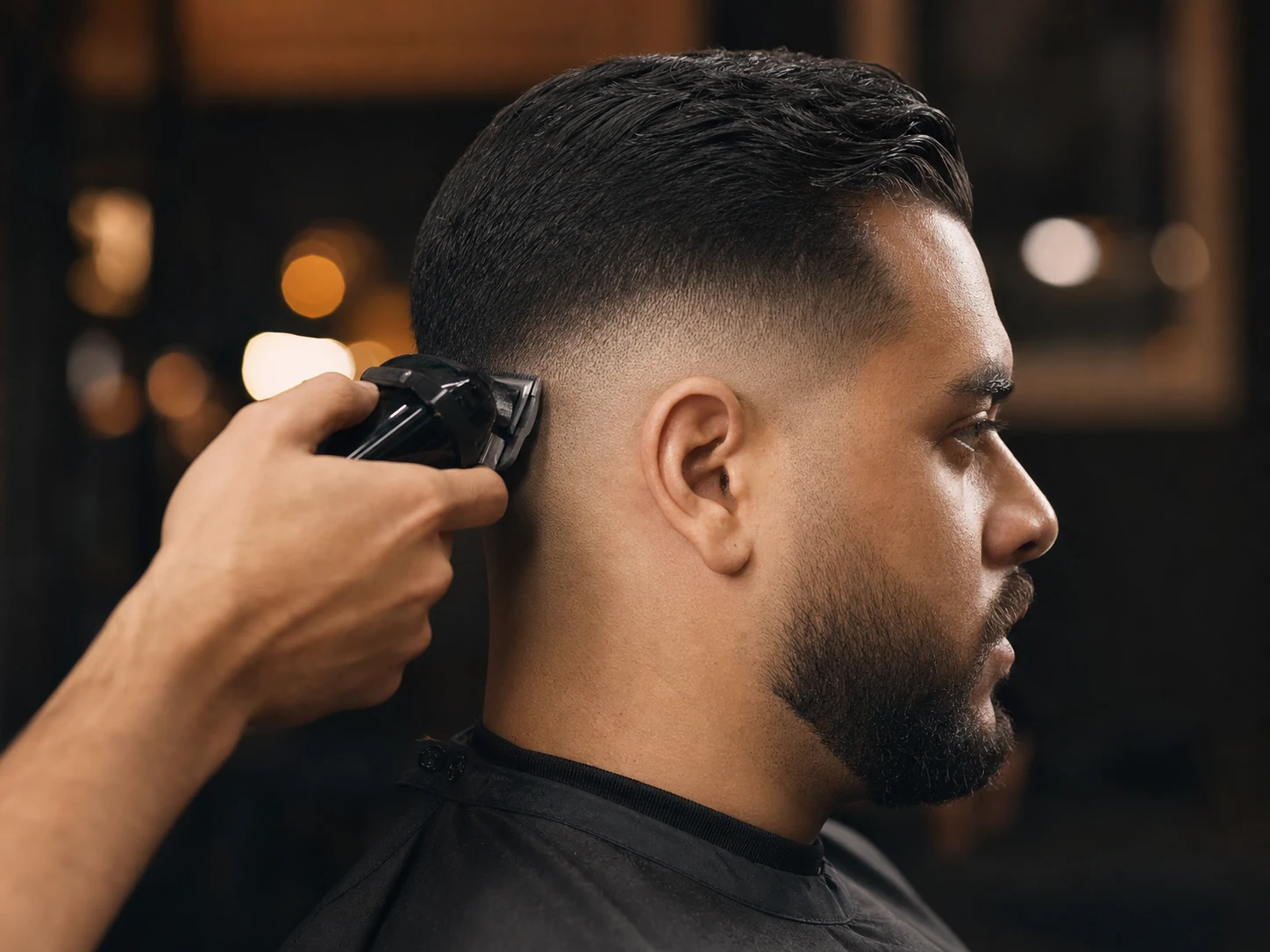 Barber refining a clean low skin fade with clippers