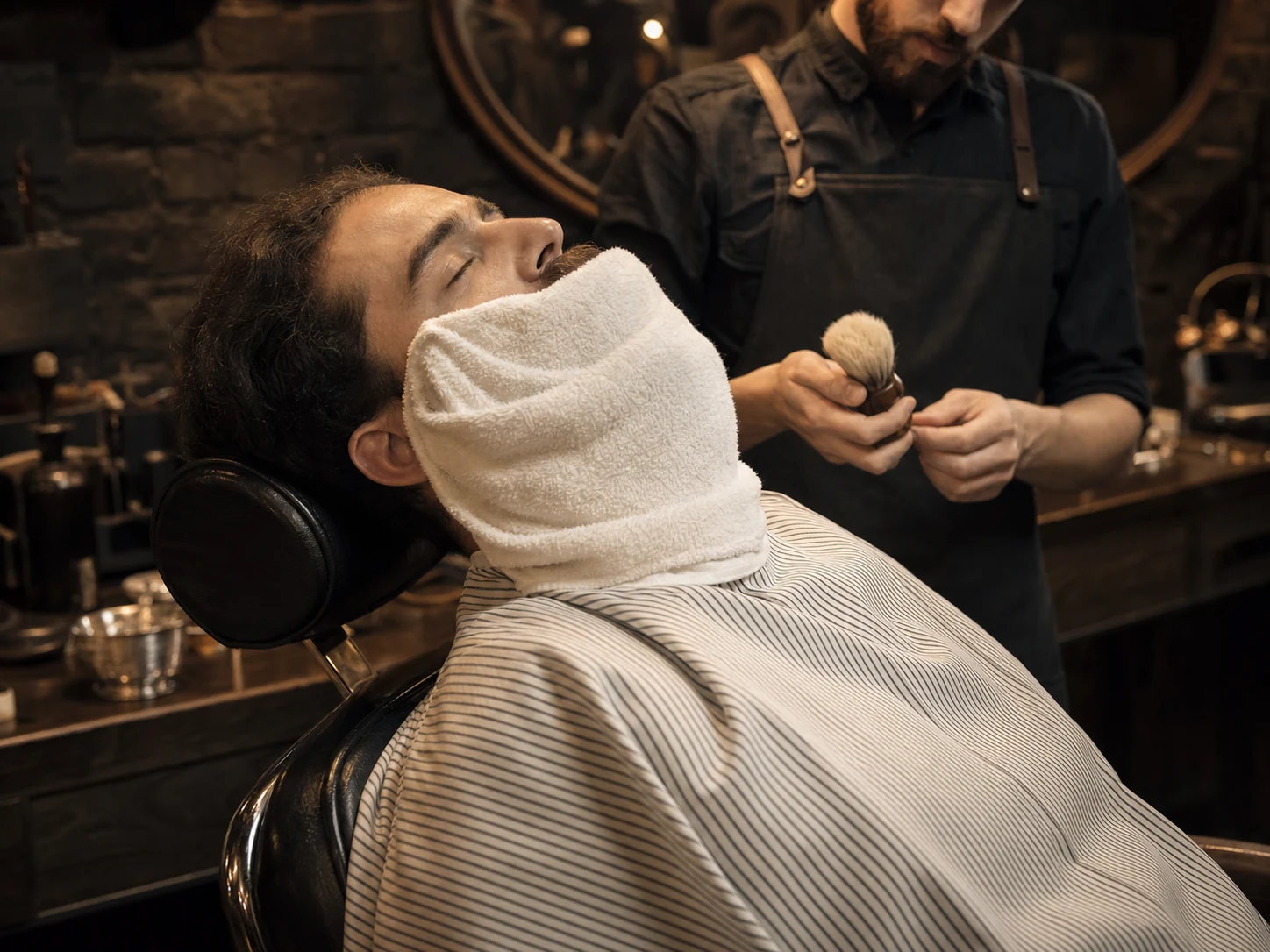 Client relaxing during a hot towel shave ritual