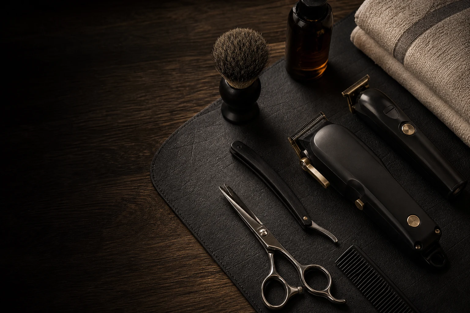 Professional clippers, razor, shears, and shaving brush arranged on a dark barber station