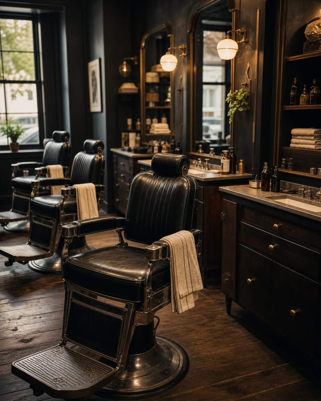 Rivet and Row's dark walnut and black leather barbershop interior
