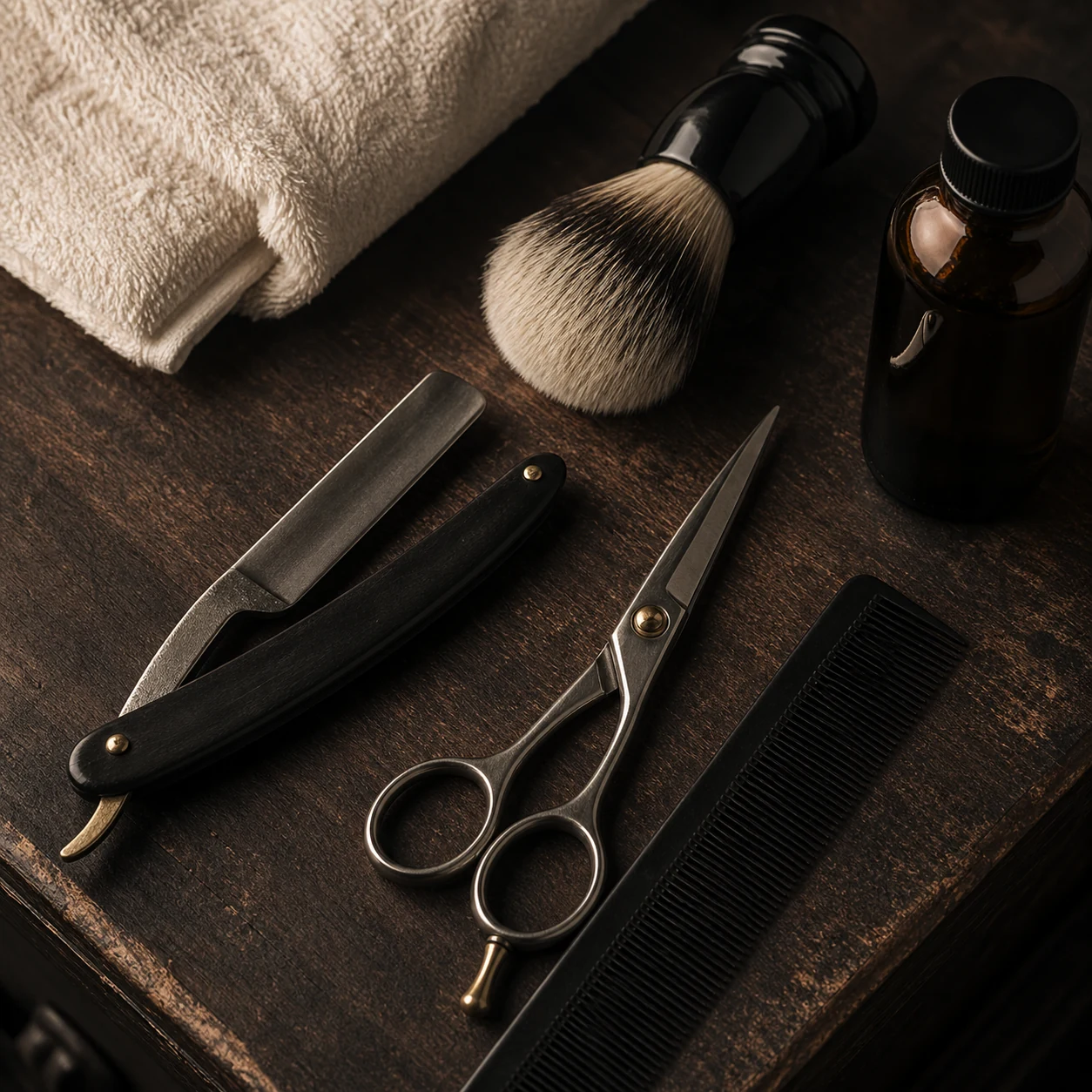 Straight razor, shears, comb, brush, and towel on a walnut station