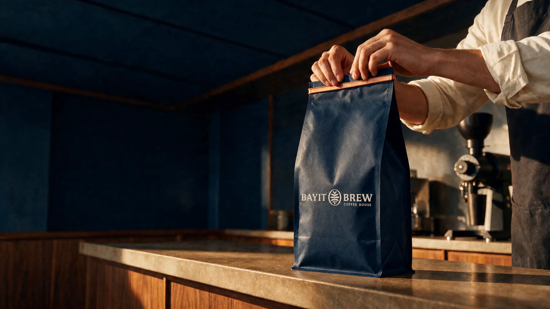 A close view of a coffee bag before preparation begins.