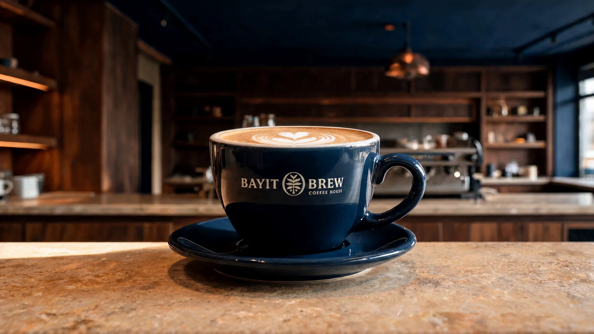 A finished coffee resting on the coffee counter.
