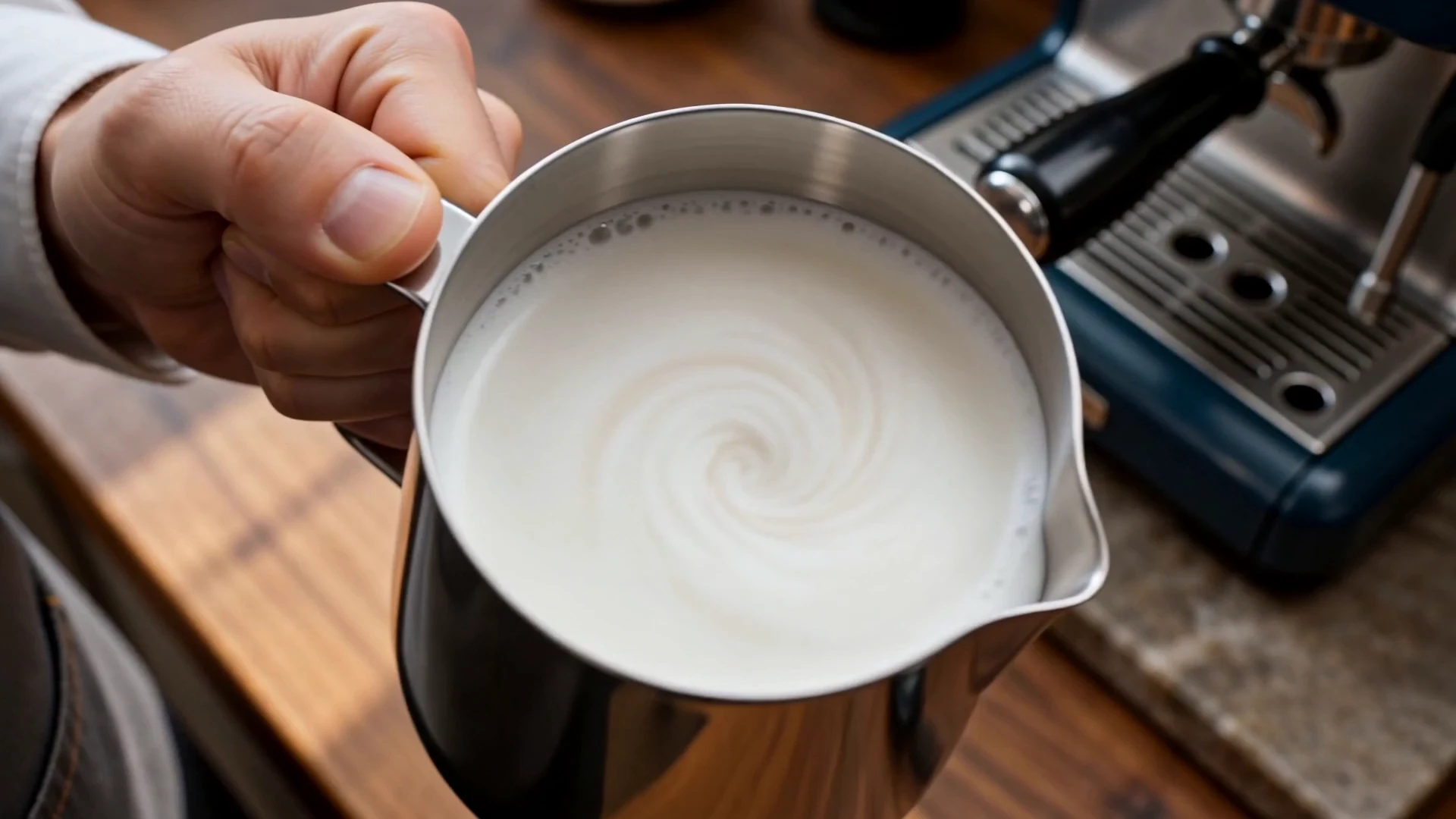 Steamed milk being poured into espresso.