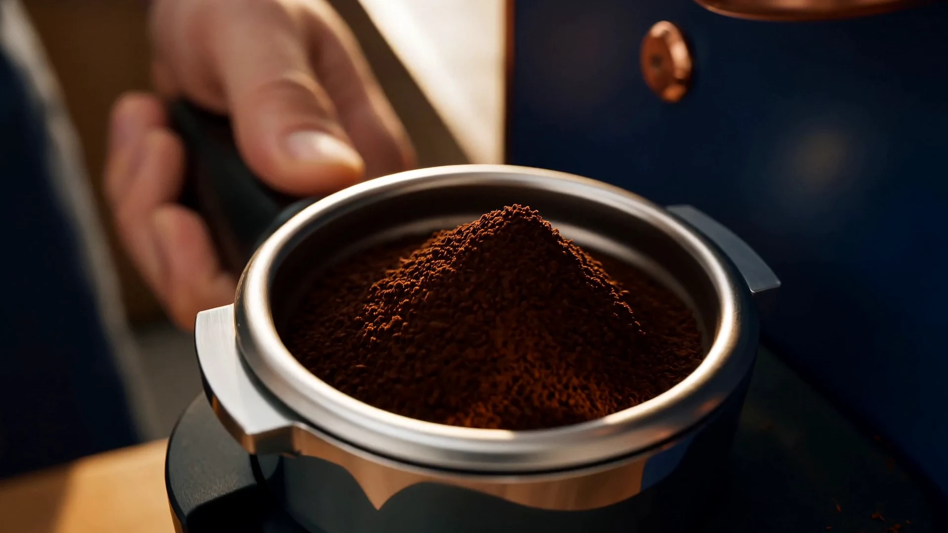 Ground coffee being tamped for espresso.