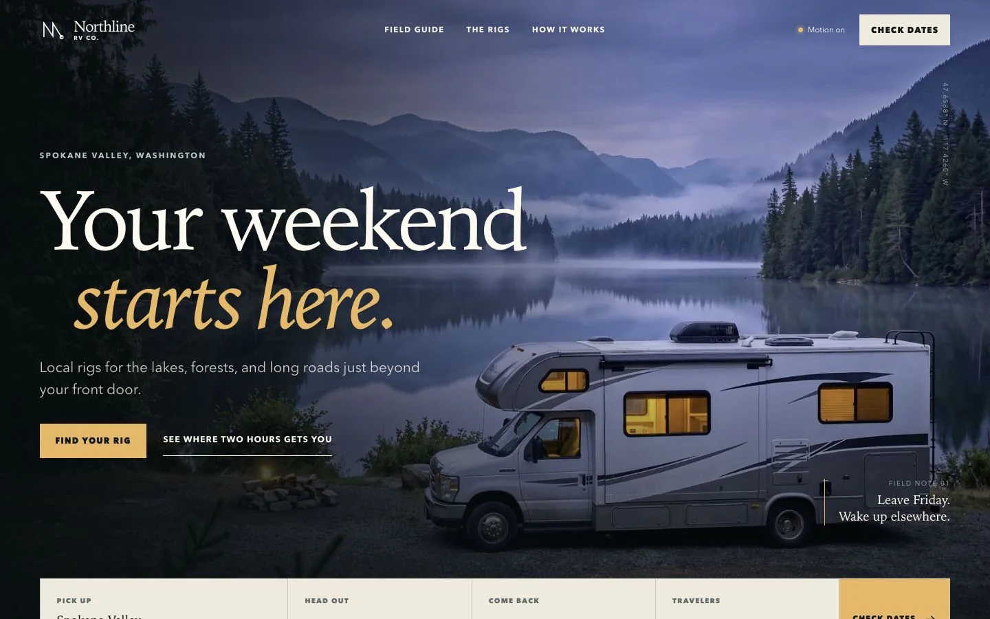 Northline RV rental concept with a motorhome in a Northwest landscape