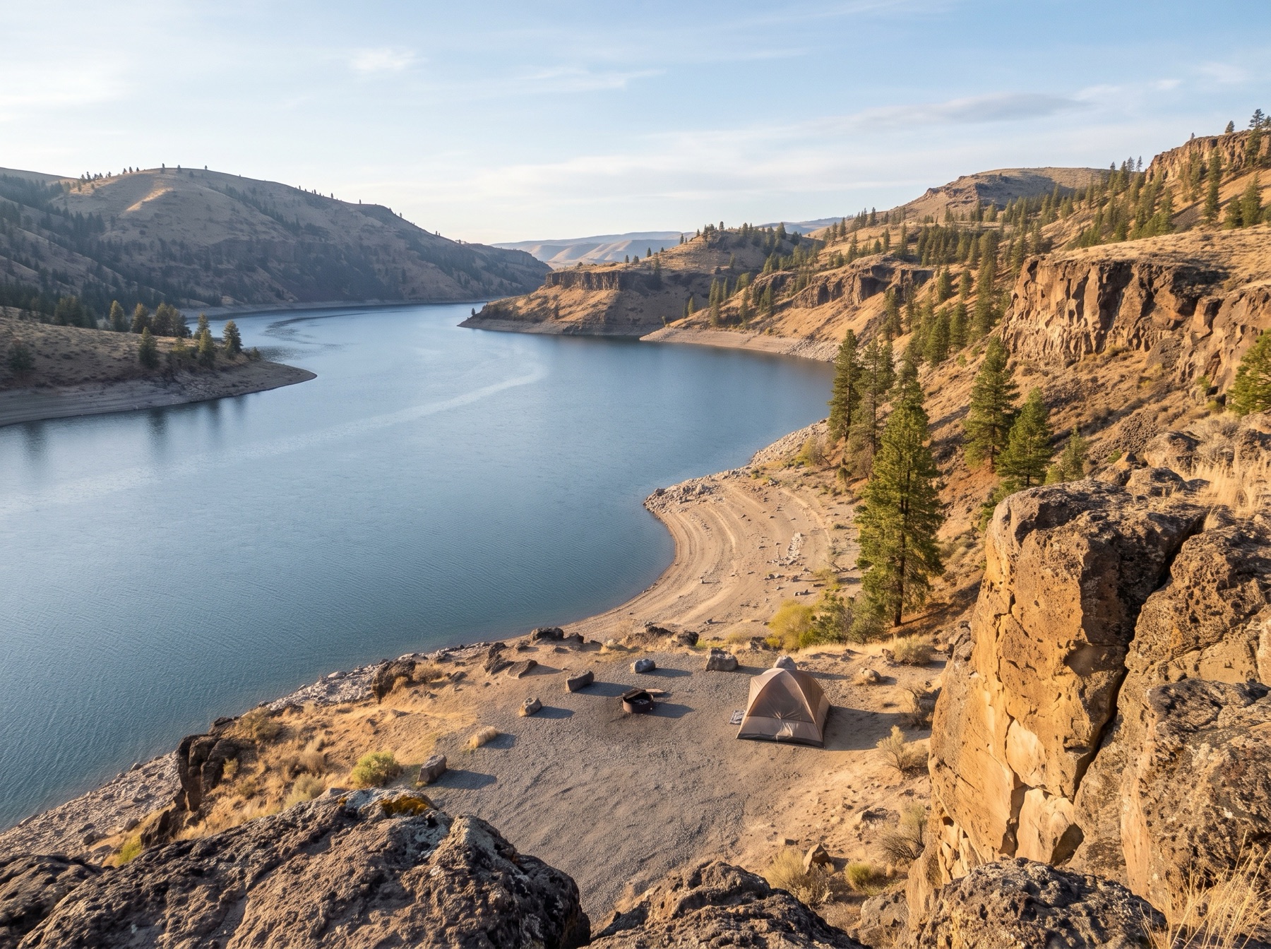 Lake Roosevelt winding through pine hills and basalt shoreline