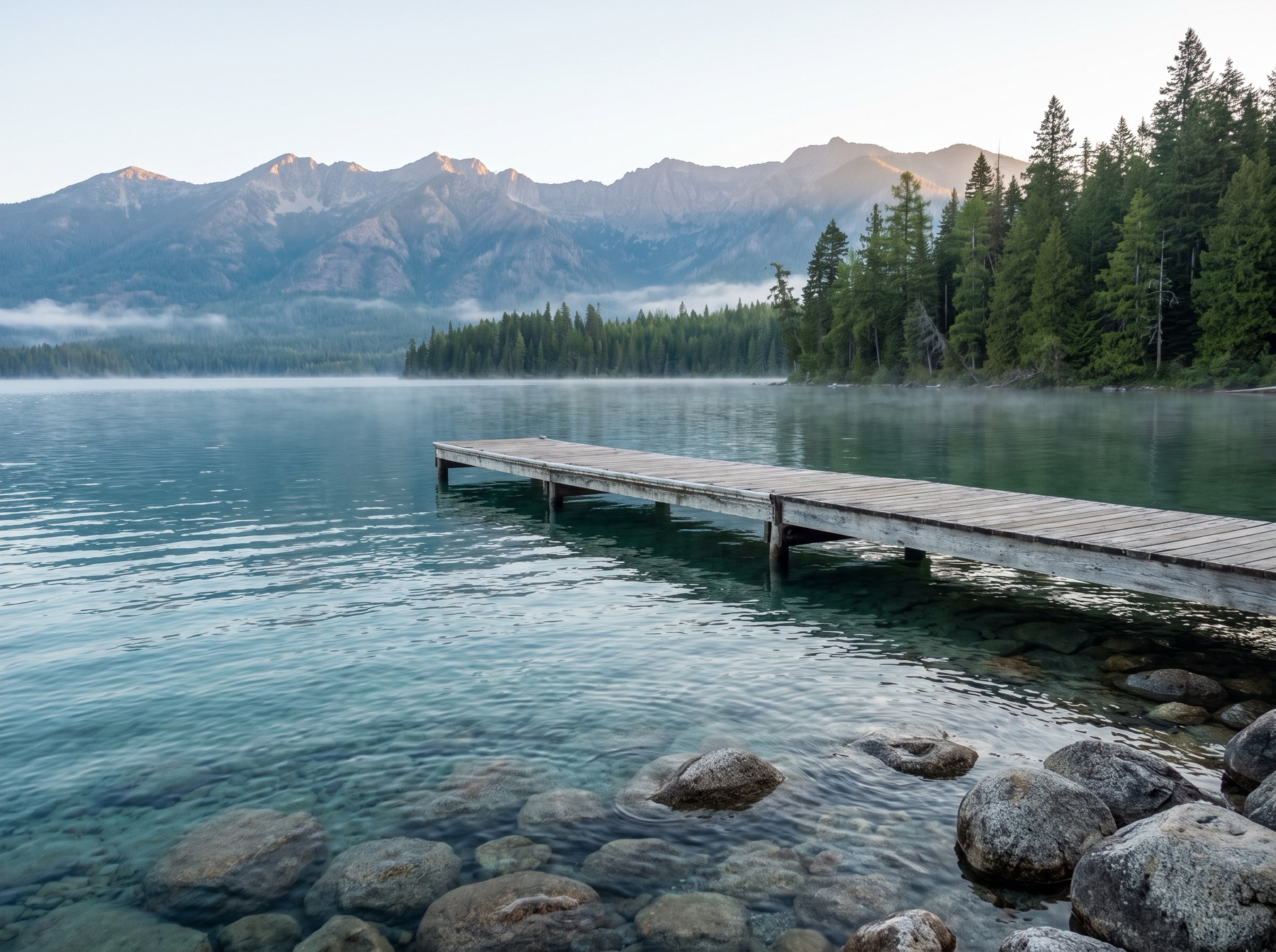 Clear Priest Lake shoreline beneath the Selkirk Mountains