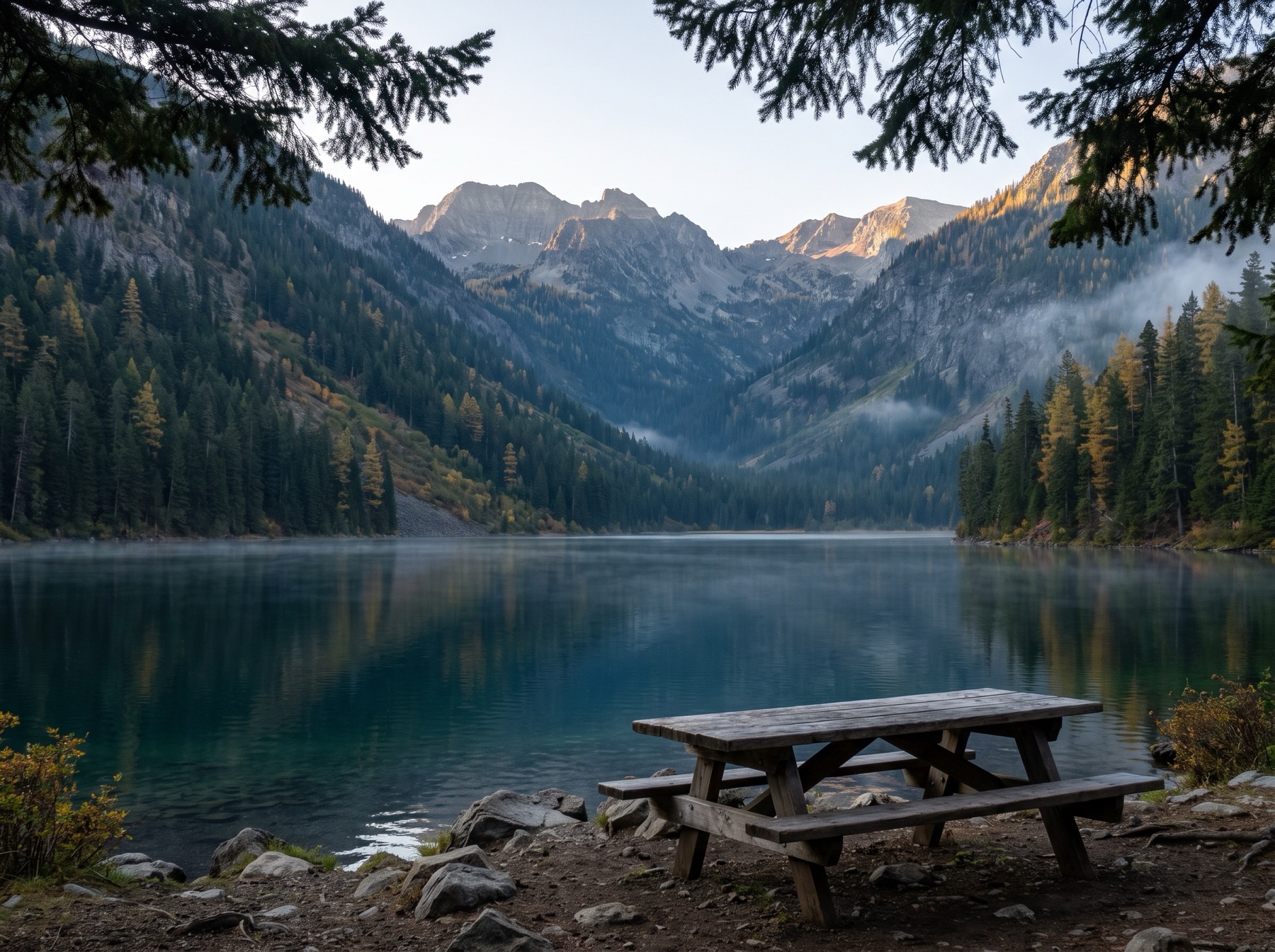 Wallowa Lake beneath high forested mountains in northeast Oregon