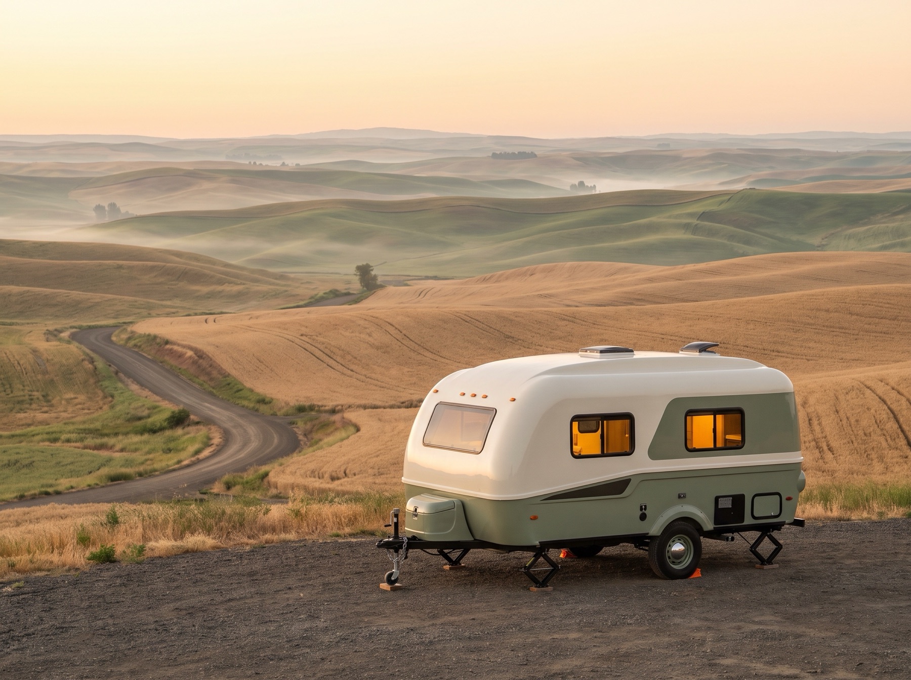 Compact travel trailer on an overlook in the rolling Palouse hills