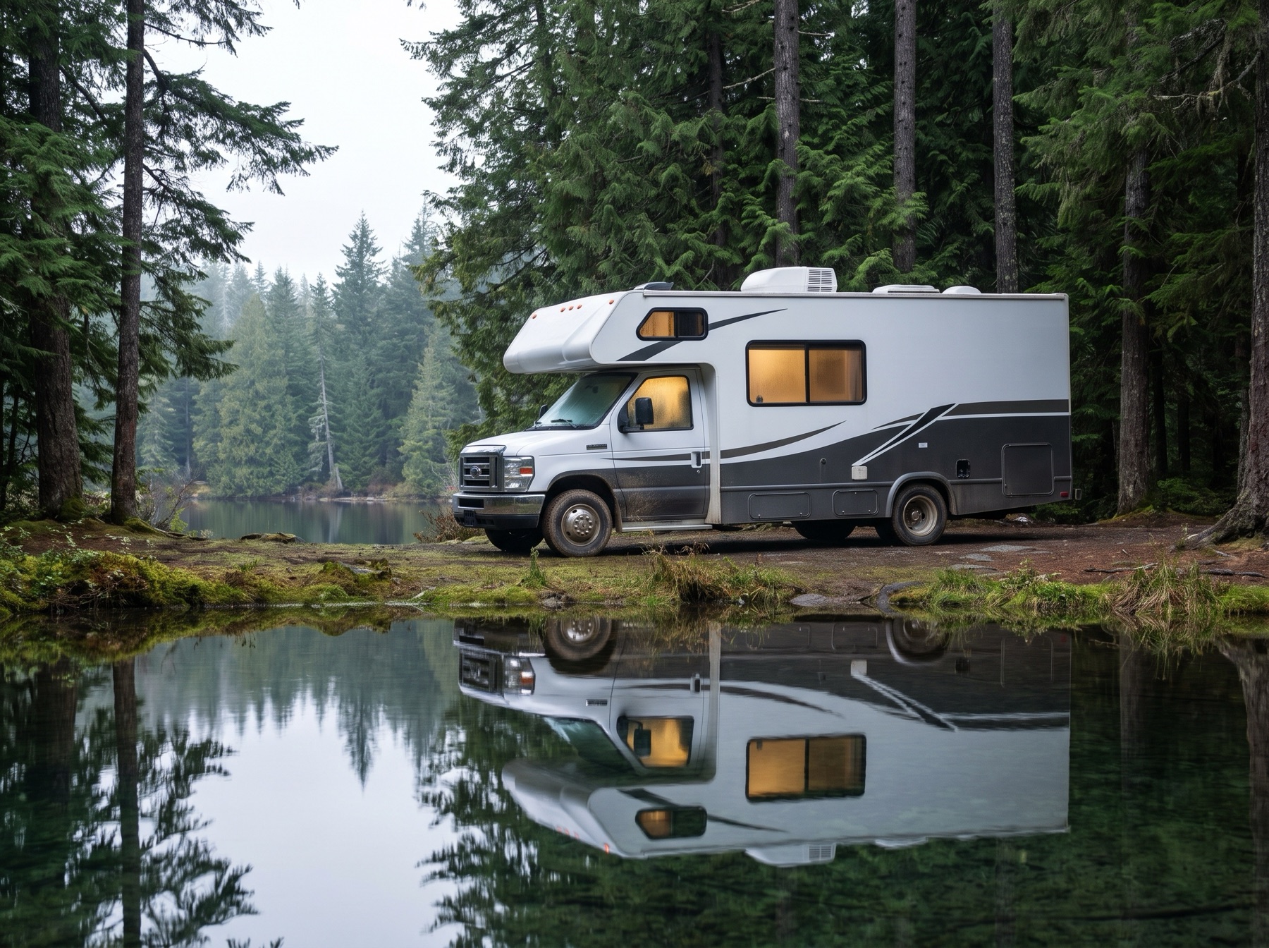Compact Class C RV at a cedar forest lakeside campsite