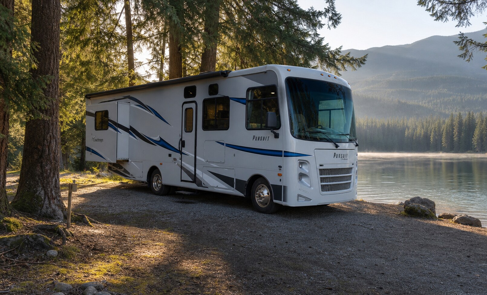 Silver 2021 Coachmen Pursuit motorhome at a Priest Lake campsite