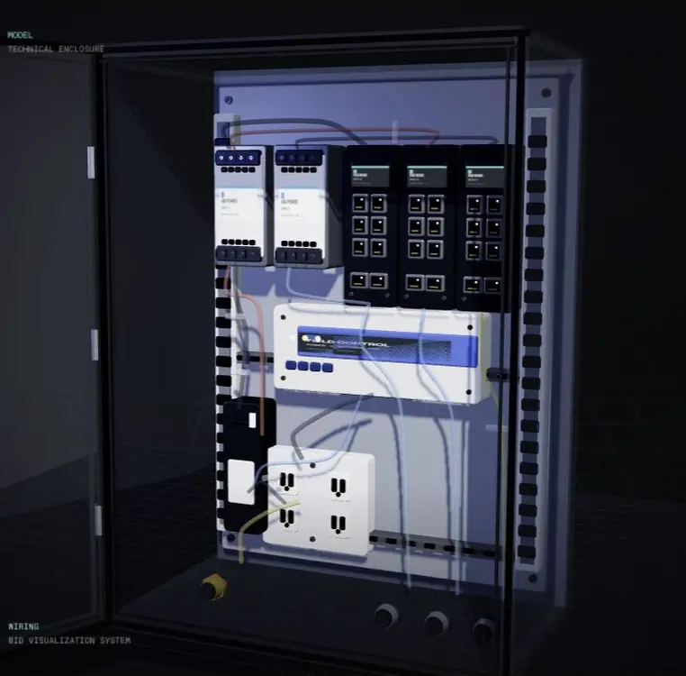 High-detail 3D technical enclosure showing internal power, network, and control components
